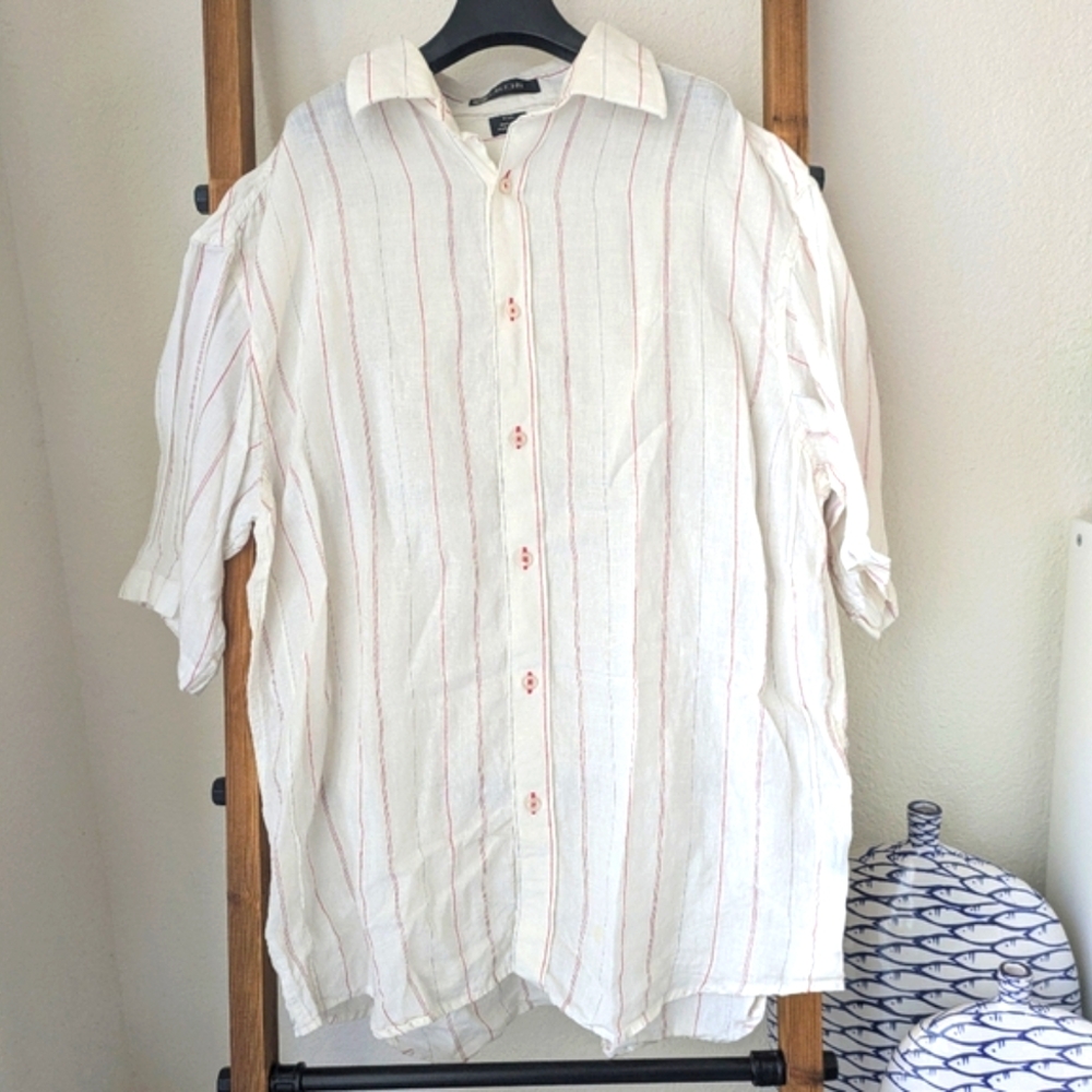 Sean John Men's White and Red Striped Linen Shirt - Size XXL